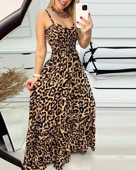 Рокли Zoctoo с Леопардовым модел на Бретелях с V-образно деколте и висока Талия, Лятно Дамско Ново Сексуално Стилна Дълга рокля 2023 година