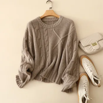 naizaiga 100 вълнен пуловер с кръгло деколте и дебела свободен ръкав raglan, кафяво, бежово, бяло дамски пуловери, пуловер YLM368