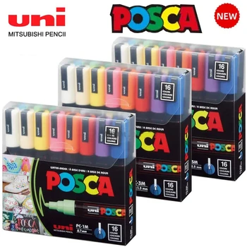 Новият Японски Uni Posca, Набор от 16 цвята маркери за рисуване, PC-1M, 3M, 5M, Художествена дръжка, Пособия за рисуване, Графити, Новата Опаковка за подарък