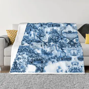 Френското тъмно синьо одеяло Toile De Jouy, Топло флисовое меко фланелевое одеяло за спално бельо, Канапе, Офис, есен