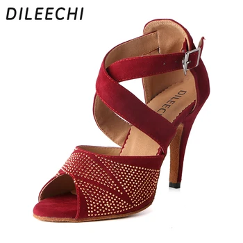 DILEECHI/ червени обувки за латино танци от флока, женски обувки за танци балната зала с пайети, обувки за танго, вечерни обувки за салса на висок ток 10 см., мека подметка