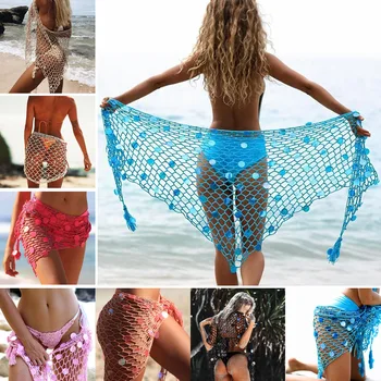 Европейски и американски тенденция, плажен шал от ръчно изработени солнцезащитная дрехи, секси риболовна мрежа, треугольное плажна кърпа с пайети
