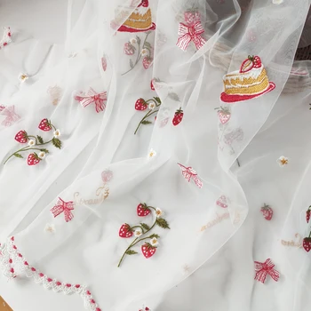 Miuticolor Мека окото лейси плат с бродерия на цветя ягоди, кърпа, ръчно изработени, рокля, Пола, плат с Ширина 140 см, 1 ярд