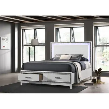 Двойно легло с led и бялата тапицерия за СЪХРАНЕНИЕ, Модерен стил, с две чекмеджета, Мебели, интериор за спални