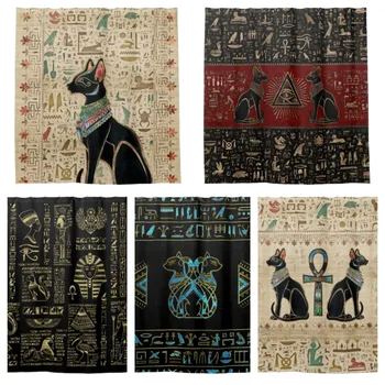 Египетските йероглифи и боговете, котка, око планина завеса за душ, душ завеса за баня с плетене на една кука, комплект декоративни аксесоари за баня