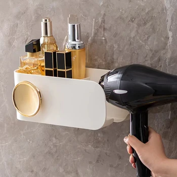 Стенен държач за сешоар Стойка за съхранение на сешоар Стенни рафт за четки за коса в банята Рафтове за съхранение Органайзер в банята