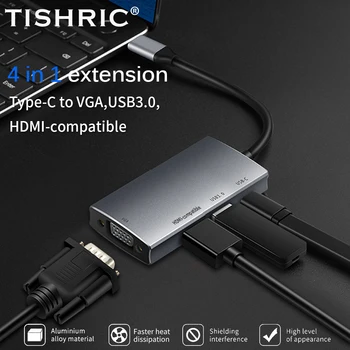 TISHRIC 4 в 1 Зарядно устройство с няколко порта Type C, USB ХЪБ съвместим с Type-C HDMI/VGA/PD, Храна/USB адаптер 3/сплитер Type C