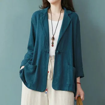 Висококачествен японски ретро сако Оверсайз, дамски ежедневни палто от памук и лен, монофонични свободен жилетка на една пуговице за почивка, топ