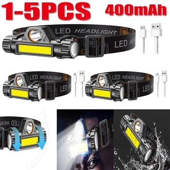 1-5 Бр. Мощен led налобный фенер XPE + КОЧАН с двоен източник на светлина, която се презарежда чрез USB, преносим главоболие фенер за разходки, риболов, нощно бягане