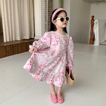 5007C Детски Дрехи, дрехи за момичета, на Новост на Пролетта 2023 г., корейска Принцеса рокля с флорални накъдрен, Детски Памучни дрехи за момичета от 1 до 9 години