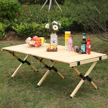 Дървена маса за къмпинг, Сгъваеми, преносими, в стил яйчен ролка, Устойчива Маса за барбекю от масивно дърво, Пътна мебели за пикник