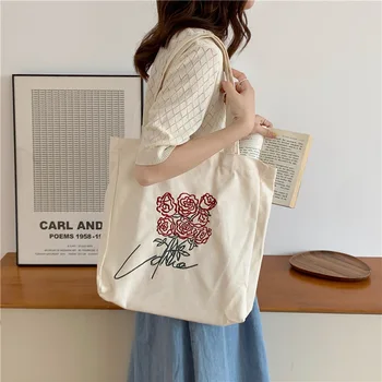 Дамски Холщовая чанта с бродерия във формата на рози, чанта-тоут от памучна тъкан, тъканта, чанта, реколта чанта на рамото голям капацитет, торбички за пазаруване за момичета