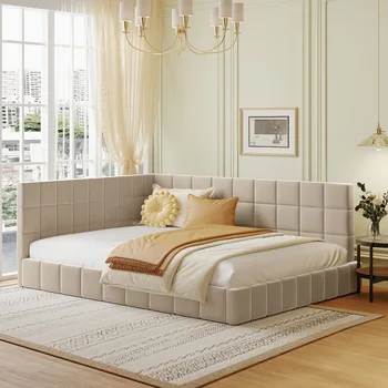 Рамка турците/диван-легло с мека тапицерия в реален размер, подходящ за спални и детски стаи-Бежово, кадифе