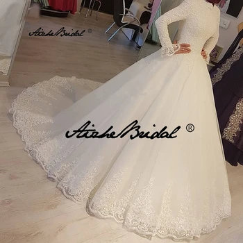 Класически мюсюлмански булчински рокли с дълги ръкави и високо деколте, дантелени апликации, beading, арабски сватбени рокли Robe De Mariage
