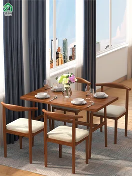 Скандинавски стол за хранене, домакински столче с облегалка, модерен прост работно бюро за спалня, имитация на желязо, стола от масивно дърво, рог