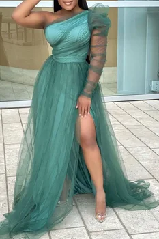 RMSFE 2021 Женски свободно рокля с едно рамо, дълъг ръкав, с диагонал врата, с широки мода мрежи, за крайградски пътувания, богемное рокля голям размер