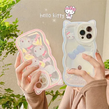 Нов Калъф за Телефон Sanrioed на Hello Kitty С Зыбучими Пясъци Kawaii Kids Iphone 13 14Promax Защитната Обвивка Аниме Меки 12 14Pro Седалките за Момичета