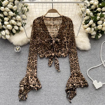 Секси шифоновая блуза с расклешенным леопардовым принтом и дълъг ръкав от дантела, тънък, елегантен шик съкратен топ, дамски градинска риза в готически стил