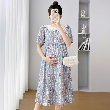 Летни дрехи за бременни във френски стил с къс ръкав, свързани яка 