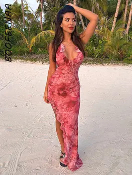 BOOFEENAA Секси дълга рокля с волани на бретелях и отворен гръб за жени, облекло за плаж, отдих, романтични летни рокли с флорални принтом C85-CE19