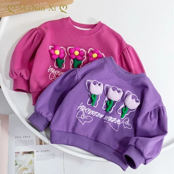 2023 Пуловер за момичета от 2 до 8 години, есенно-зимно яке, сладки бебешки блузи, бебешки дрехи, hoody с обемно цвете за бебета