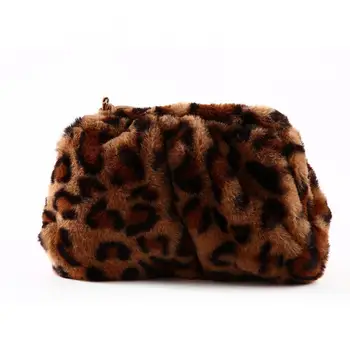 Дамски модни плюшен чанта за банкет и купоните с леопардовым принтом Елегантна дамска чанта за кнедли с Голям капацитет