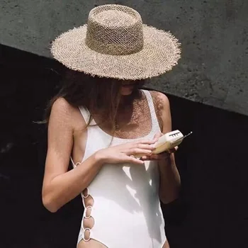 Ретро Елегантна сламена шапка с космат ръба от морски водорасли, куха дишаща солнцезащитная шапка, дамска лятна шапка за разходки, слънчеви плажни шапки за жени