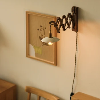 Японски орех, изцяло от масивно дърво, нощно шкафче за спалня, телескопична стенни лампа за четене, месинг