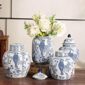 Сини и бели порцеланови вази с птица папагал, американската сънливи класическа керамична ваза, Декорация за хол, маса за украса