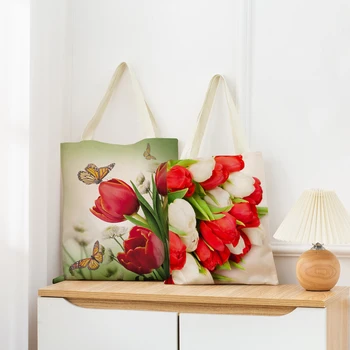 Бельо пазарска чанта от еко маркета Розово Червено лале с двустранно принтом Дамски сгъваема чанта за Преносим удобна чанта за съхранение