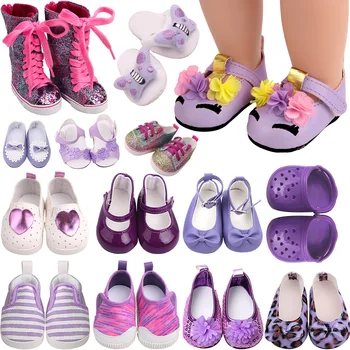 кукла 7 см 43 см и обувки за кукли от 18 инча за момичета лилаво, обувки принцеси за момичета, кожени плюшени обувки, маратонки, играчки за бебета, Аксесоари