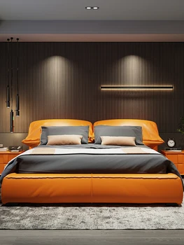 Италианската минималистичная кожено легло, модерни минималистичные и луксозни татами в главната спалня, двойно легло, диван от естествена кожа с уши на слон
