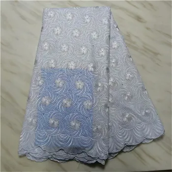 Бяла лейси плат африкански швейцарско вуалевое дантела от Швейцария, висококачествен памучен плат с бродерия с камъни, 5 ярда/лот