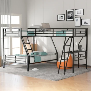 Метална L-образна трехъярусная легло таванско помещение с маса, Модерни мебели за спалня, черен