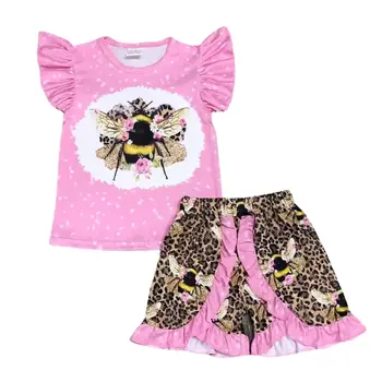 Годишният бутик за дрехи за момичета, розов костюм с къси ръкави топ с цветове, с дълъг ръкав и сладки принтом пчелите, къси панталони, комплект от 2 теми