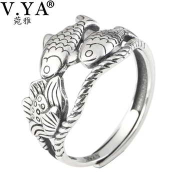 Сребърен пръстен V. YA S925 с регулируема риба Koi, дизайн Lotus, модерен пръстен, дамски тайландски сребърни откриващи пръстен в стил пънк, Изискани бижута