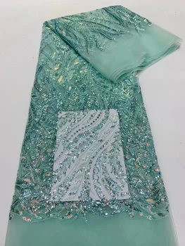 Френска лейси плат, ръчно изработени, расшитая мъниста 2023, зелена дантела, бродерия жемчужными пайети на тюлевой плат за шивашки женски сватбена рокля