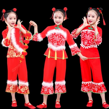 Китайски стил Ханьфу Народни танцови костюми Традиционен фен чадър Танцови облекла За момичета, Детски червени класически танцови костюми Янко