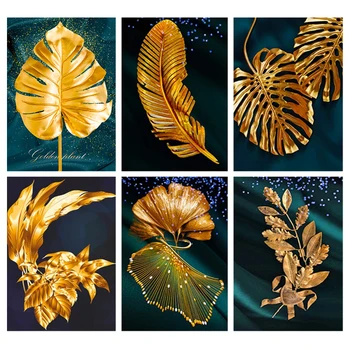 Пълна кръгла диамантена мозайка на Златен лист растения 5D САМ Диамантена картина с кристали Мозайка плакат Начало декор ръчно изработени