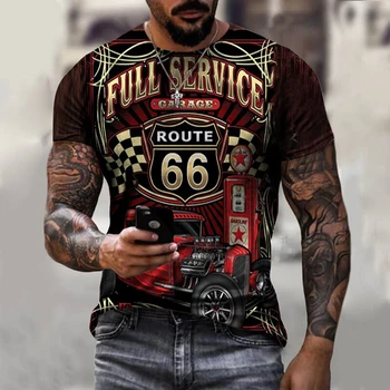 2023 Лятна Нова Мъжка тениска с 3D Цифрово принтом Кола, Кръгло деколте и Къс ръкав, Модни Градинска Ежедневни Тениска Голям размер, Реколта дрехи