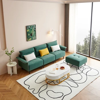 L-образна форма на секционни диван с подвижни пуфиком и 3 възглавници-ЗЕЛЕН