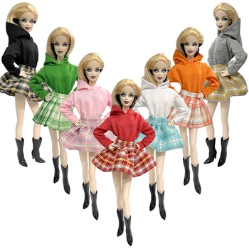 NK нови дрехи, къса hoody за Барби кукли, аксесоари за кукли 1/6, монофонични свободен пуловер с качулка, пола JJ