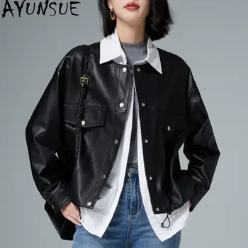 AYUNSUE/ палто от естествена овча кожа, кратко свободно кожа палто, яке от естествена кожа, дамски черни кожени якета с кръгло деколте, корейската мода