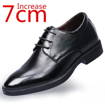 Сватбени обувки са ръчно изработени, уголемени 7 см, черни мъжки модел обувки от естествена кожа, без шнур, бизнес и официални мъжки обувки, асансьор