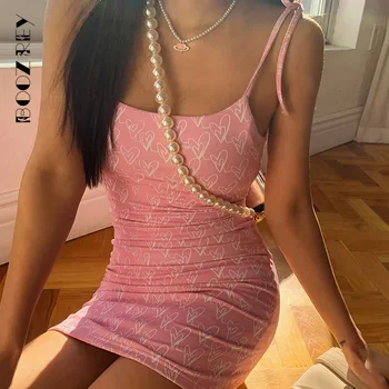 Мини-рокля BoozRey Pink Сърце Hot Girl, бандажное рокля на спагети презрамки за жени, лятна клубна градинска дрехи с хубав принтом и отворен гръб