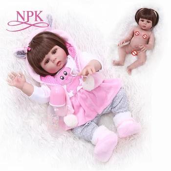 Безплатна доставка от Бразилия NPK 48 см кукла bebe reborn за малки момичета в розова рокля с заек, пълно силиконово тяло, анатомично правилно