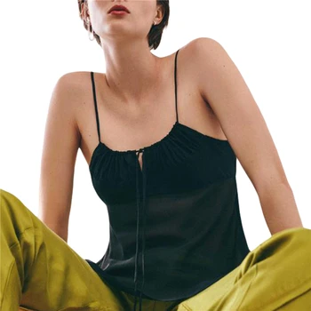 Черно Съкратен топ, Дрехи y2k, женски монофонични мрежест Жилетка за спагети презрамки и без ръкави, с отворен гръб, прозрачни ризи, клубна Облекло 2000-те години