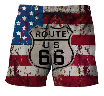 Плажни шорти с флага на сащ Route 66 2023, Мъжки модни бански костюми, плажни шорти с 3D принтиране, мъжки летни къси панталони, бански