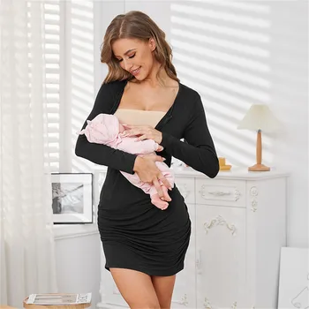 Женствена рокля в сгъвката на за бременни и кърмещи майки, однотонное бебешка рокля с дълъг ръкав за кърменето, нощница за кърмене, мини-рокля