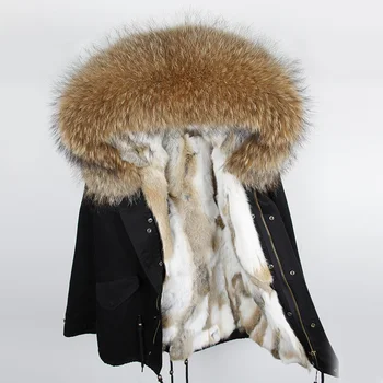 марка 2023, новата есенно-зимно яке, палто, дамска армията зелена яке, истински голяма яка от кожа на миеща мечка, естествена кожа заек, дебела топла подплата